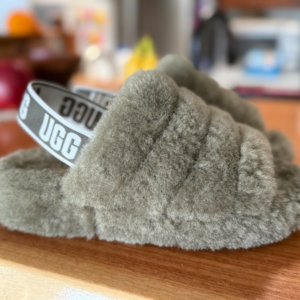 UGG Olive Fluffy Slides with Logo Strap